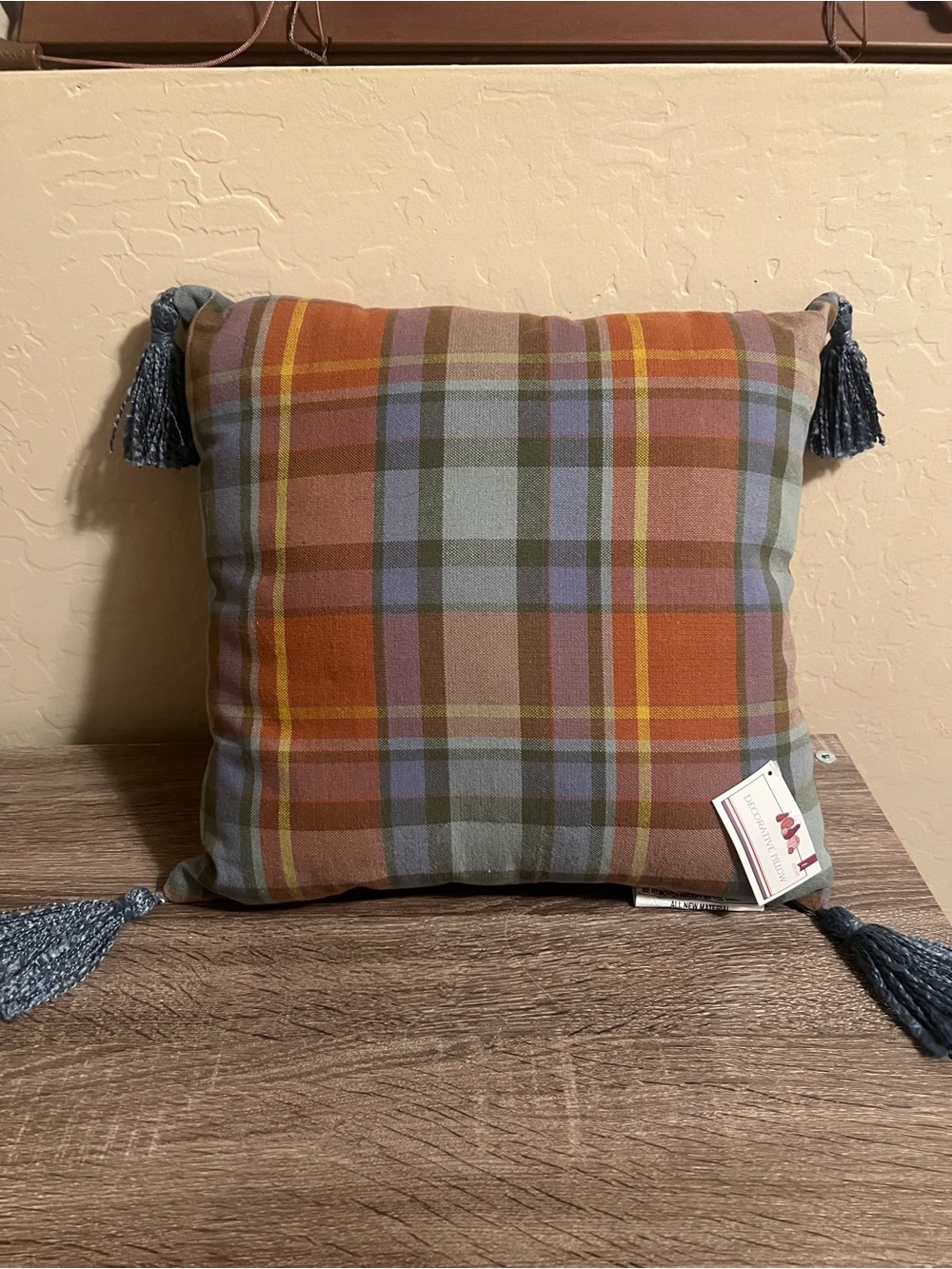 Target Bullseye Plaid Throw Pillow Fall Autumn Tassels Orange Blue Green NWT